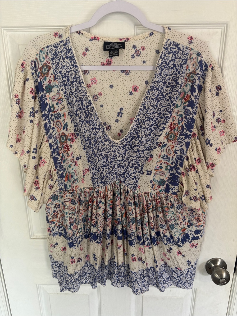 Angie Cream Floral Paisley V-Neck Boho Blouse